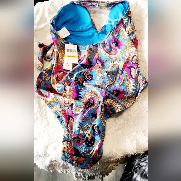 Lucky Brand Poolside Charm Women's Multicolor Paisley OnePiece Swimsuit NWT MED - Picture 3 of 5